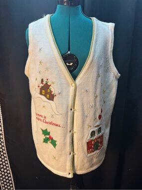 Source Unknown Cream Holiday Embroidered V-Neck Sweater Vest